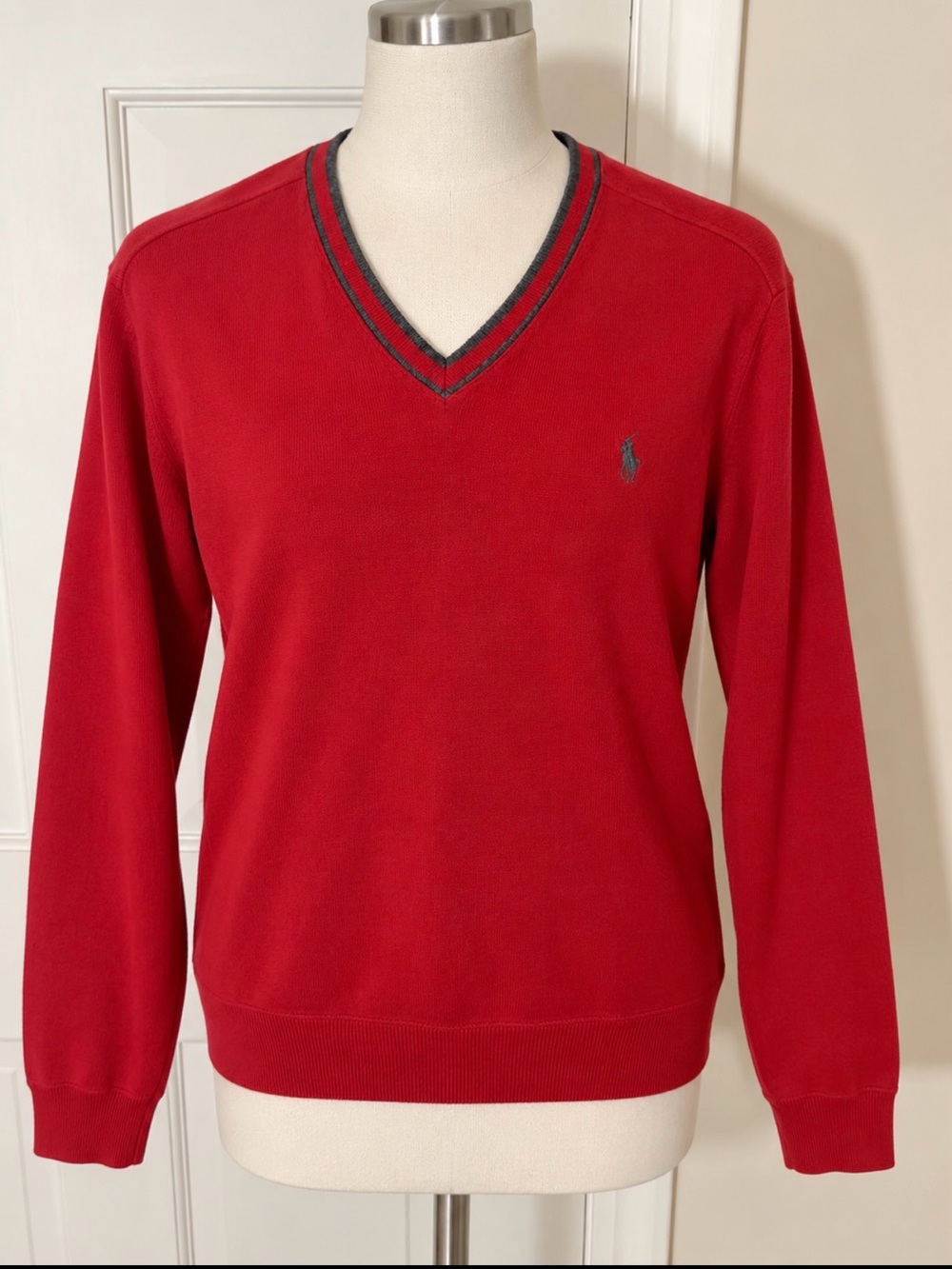 Ralph Lauren Red V-Neck Sweater with Charcoal Trim